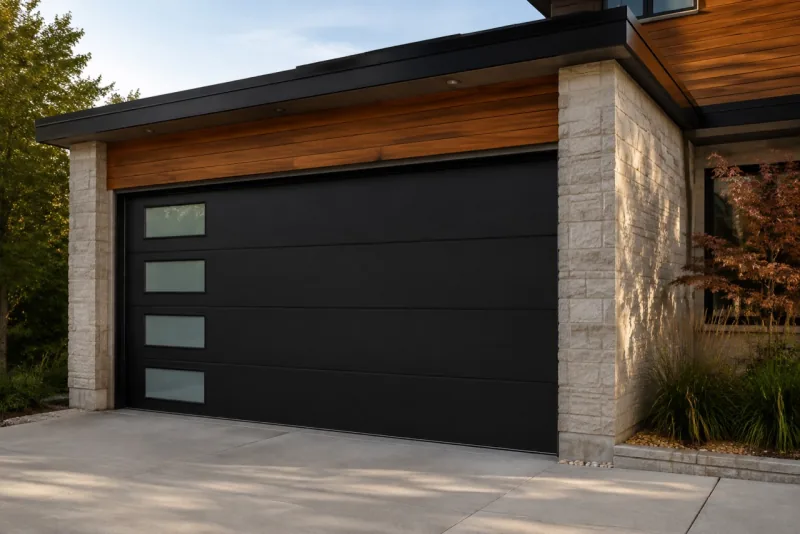 Door style example: black flush-panel garage door with four windows arranged vertically