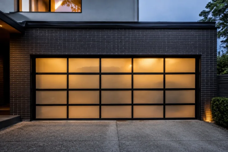 Door style example: black-frame frosted-glass garage door illuminated from inside