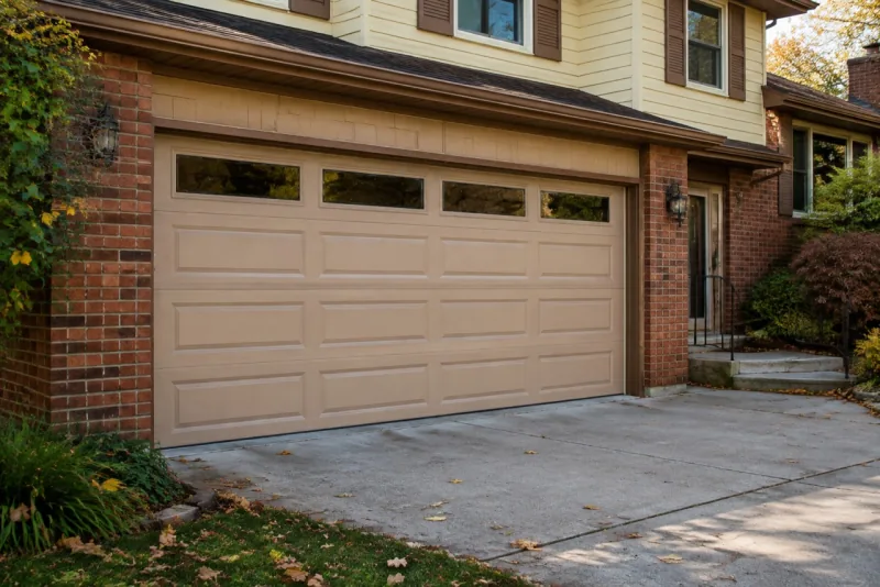 Door style example: tan raised-panel garage door with a row of rectangular windows