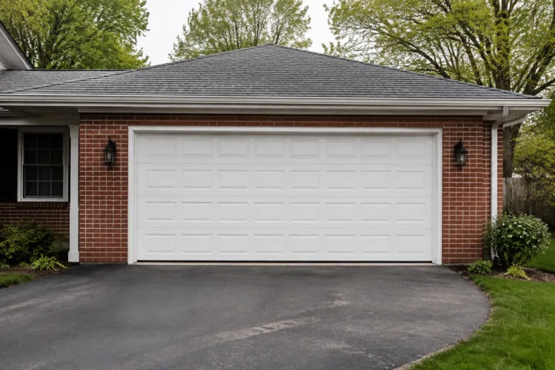 Door style example: white raised-panel double garage door on a brick home